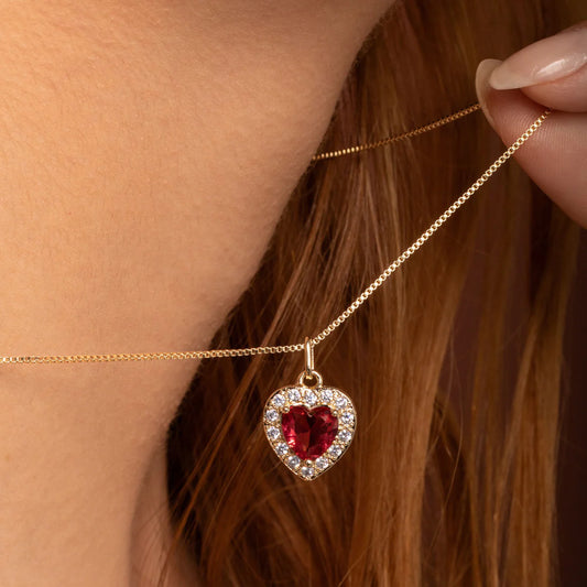 Pavé Ruby Heart Necklace, 18k Gold Plated