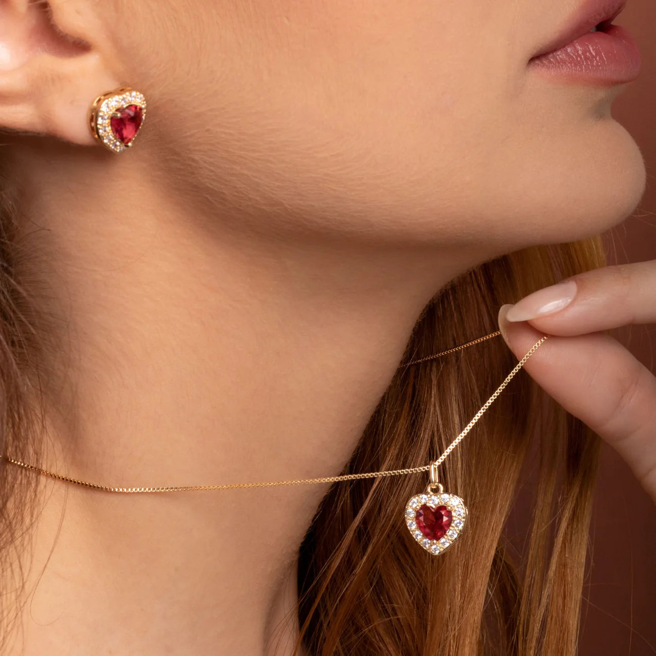 Pavé Ruby Heart Necklace, 18k Gold Plated
