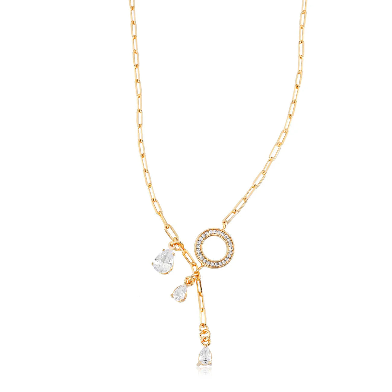 Link Chain Necklace with Teardrop and Zirconia Charms, 18k Gold Plated
